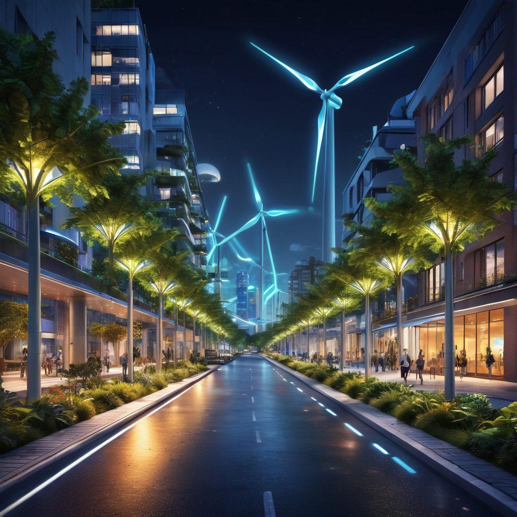 A futuristic urban landscape featuring smart lighting illuminating streets and buildings, integrated with renewable energy sources such as solar panels and wind turbines. Include vibrant greenery and eco-friendly designs, showcasing the balance between technology and nature. The night scene radiates a warm glow, highlighting the positive impact of sustainable energy on the environment. vibrant colors. super-realistic.