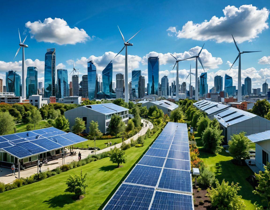 A futuristic city skyline powered by renewable energy, featuring solar panels on rooftops, wind turbines in the distance, and green spaces with vibrant flora. People are engaged in eco-friendly activities like biking and urban gardening, showcasing a harmonious blend of technology and nature. The sky is bright blue with fluffy clouds, symbolizing a clean environment. super-realistic. vibrant colors. 3D.