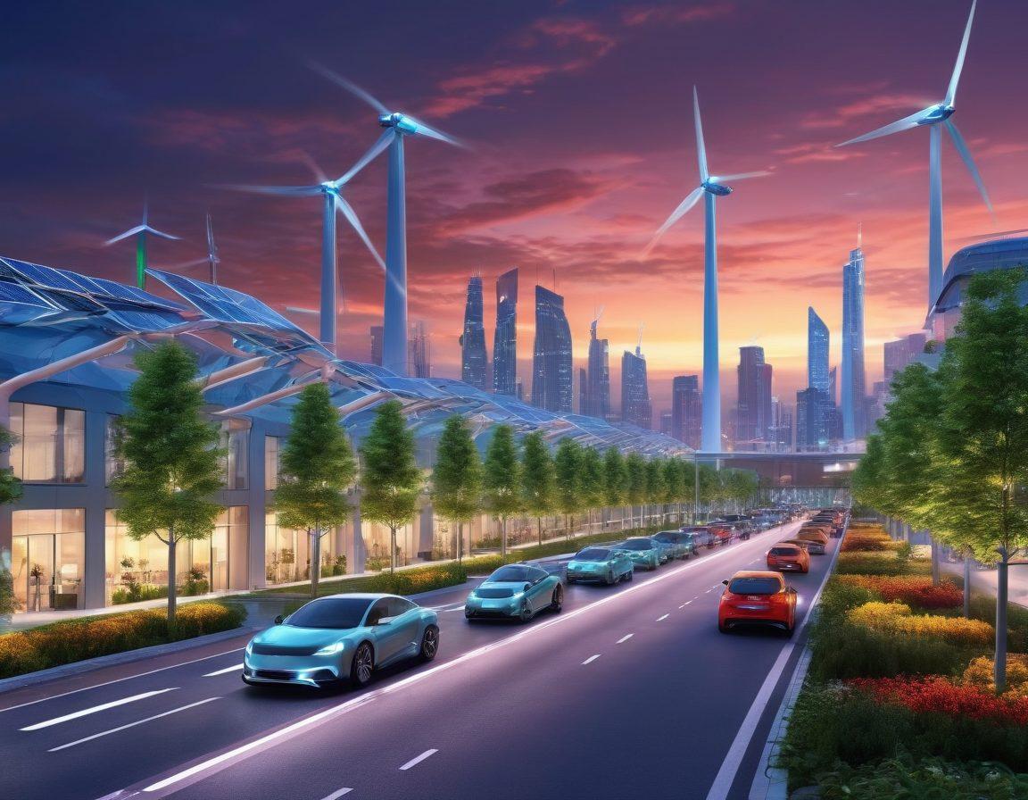 A futuristic city skyline illuminated by renewable energy sources, with solar panels and wind turbines integrated into modern architecture. Streets bustling with electric vehicles and green spaces, showcasing a harmonious blend of technology and nature. Bright lights create an inspiring atmosphere, reflecting innovation and sustainability. Vivid colors highlighting the contrast between nature and urban life. super-realistic. vibrant colors. 3D.